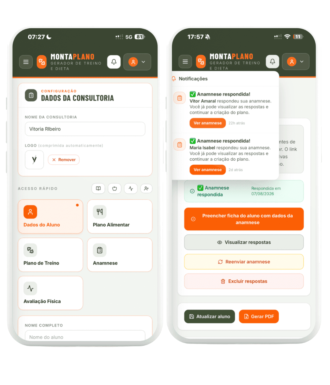 Dois celulares mostrando o MontaPlano em uso